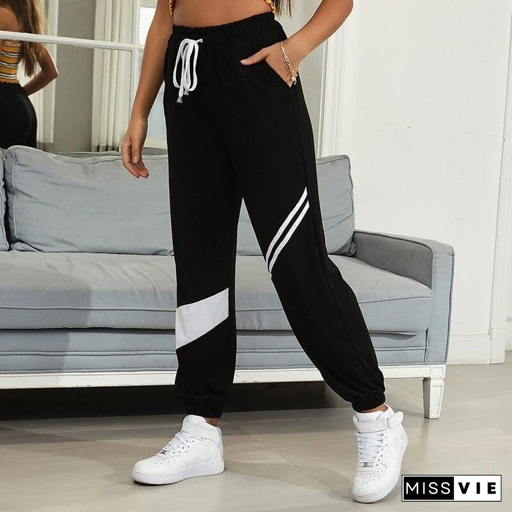 Autumn Striped Patchwork  SweatPants Women Trousers Soft Casual Home High Waist Pants For Women New Fashion