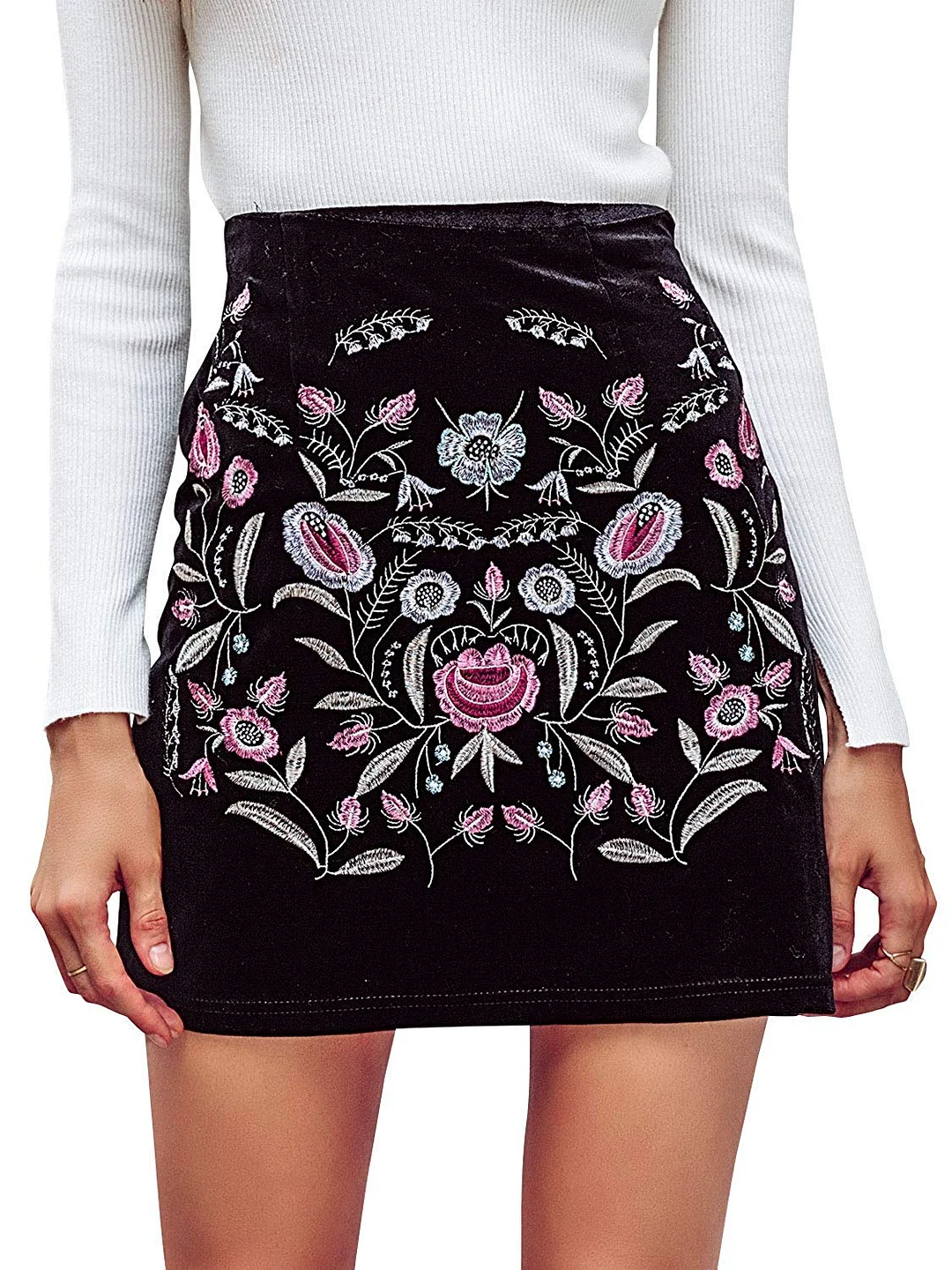 Women's High Waist Embroidered Mini Skirt Boho Floral Pencil Skirt