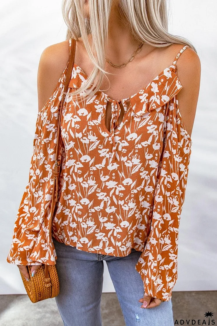 Floral Cold-Shoulder Flare Sleeve Blouse