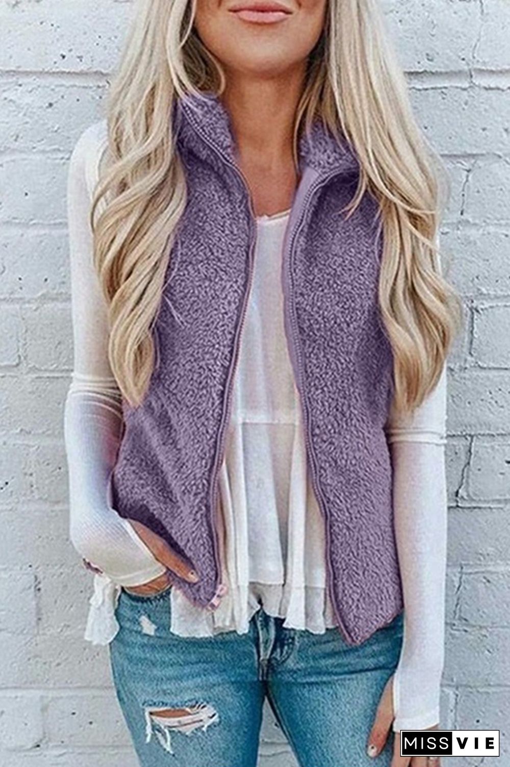 Fashion Solid Pocket Zipper Mandarin Collar Tops