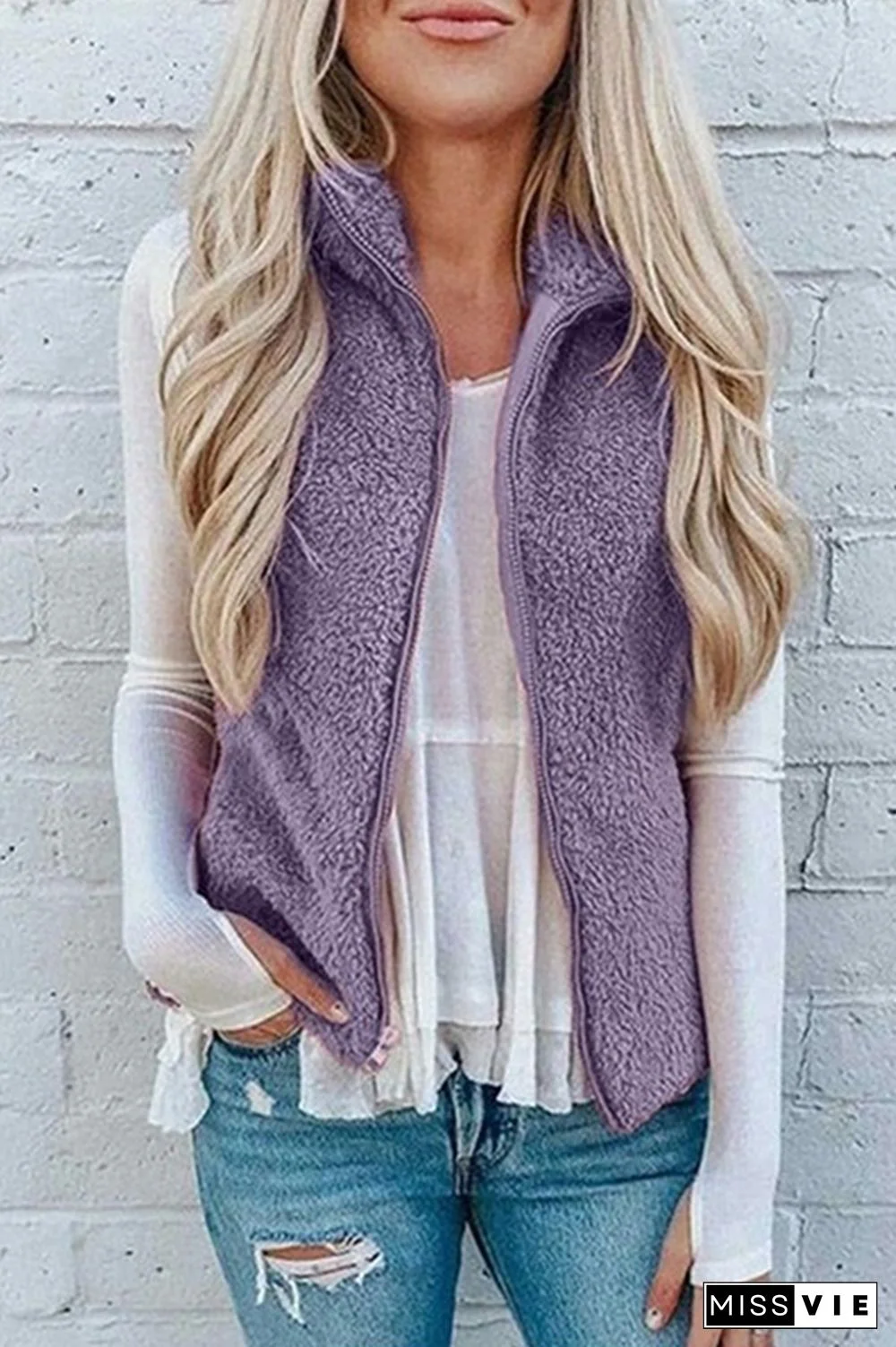 Fashion Solid Pocket Zipper Mandarin Collar Tops