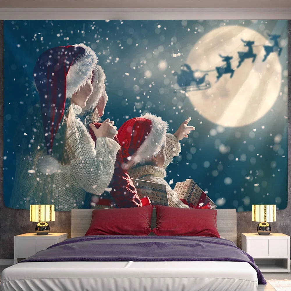Xmas Art Wall Hanging Tapestry Santa Claus And Snow Christmas Deer Backdrop Home Room Decoration Gift