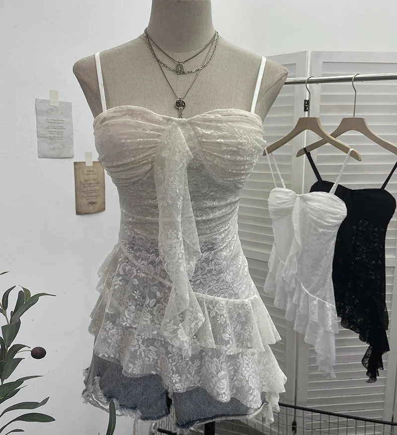 Uveng Real Shoot Sweet Spice Girls Irregular Lotus Side With Chest Pad Sling Vest Sexy Lace Sleeveless Top 1139