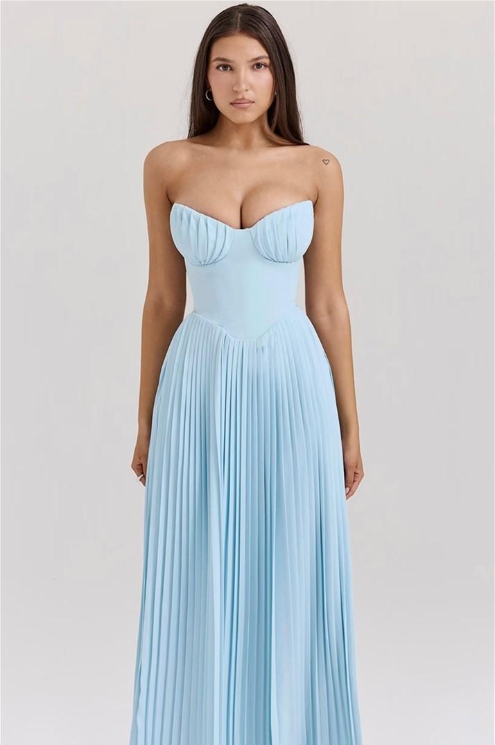 Lussooy Sky Blue Elegant Satin Sweetheart Strapless Sleeveless A Line Prom Dress with Pleated 