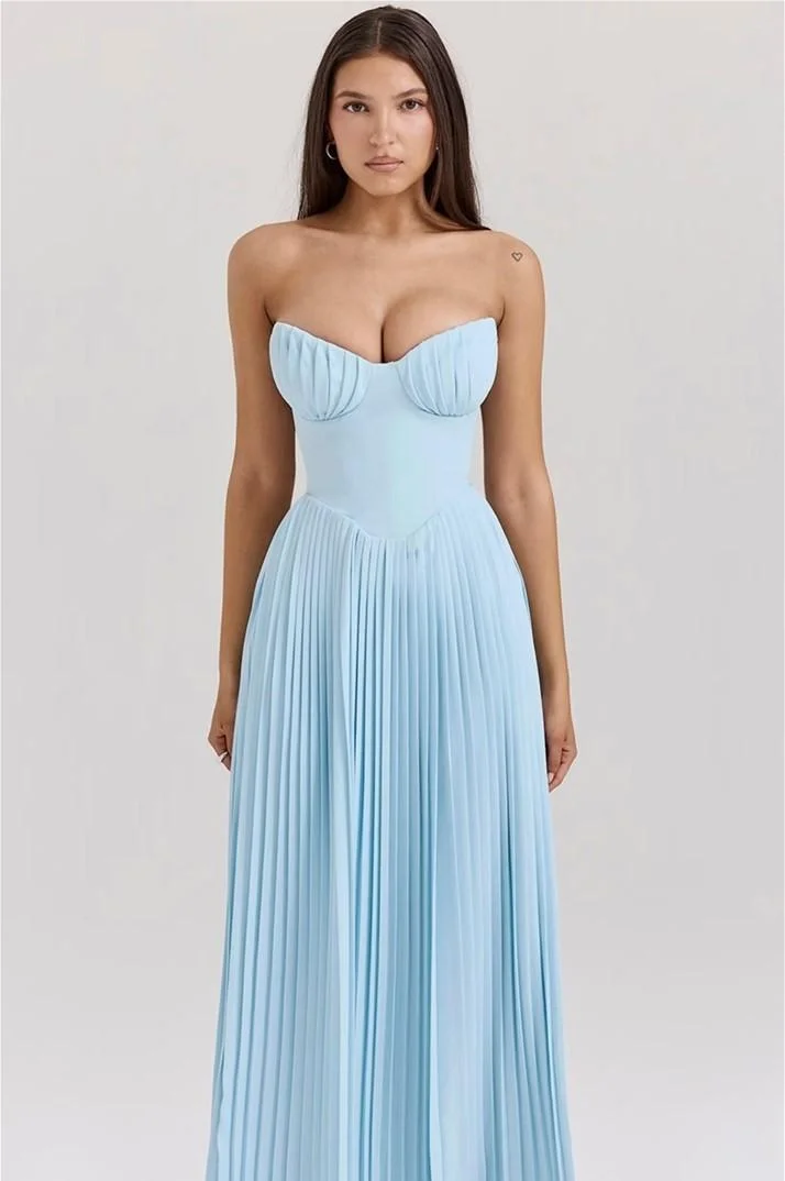 Miabel Elegant Sky Blue Satin Sweetheart Strapless A Line Sleeveless Prom Dress with Pleated