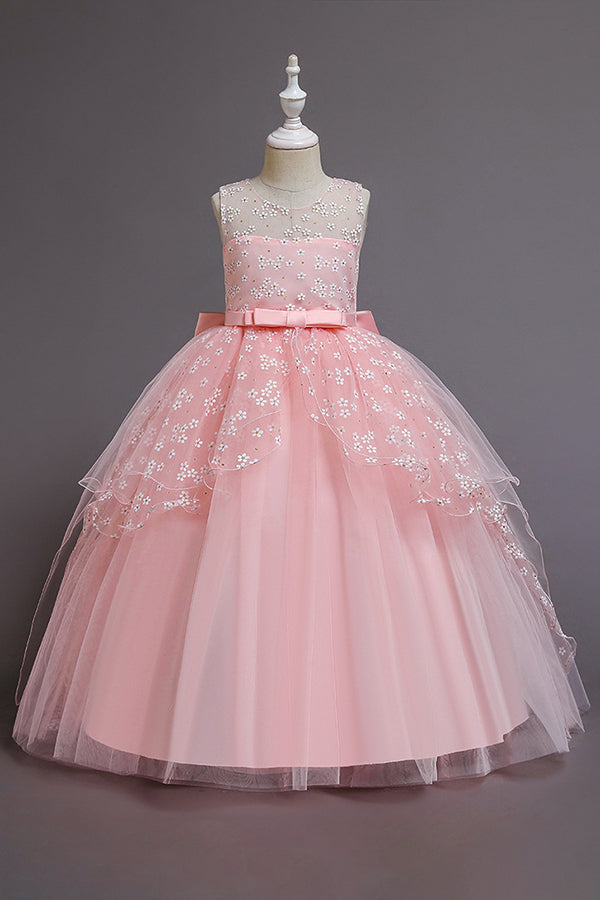 Oknass Red Princess Belt Flower Girl Dress With Bow Ball Gown Wedding 