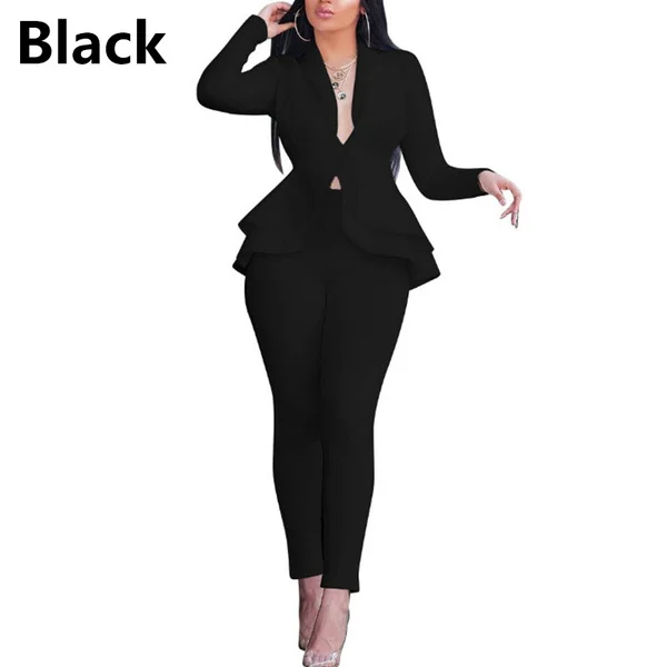 Women's Formal Work Blazer Jacket Pants Business Office Outfits Suit Set Ruffle Solid Color