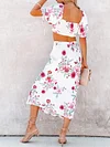 Floral-Print Puff Sleeves Tops Two Piece Skirt Suit