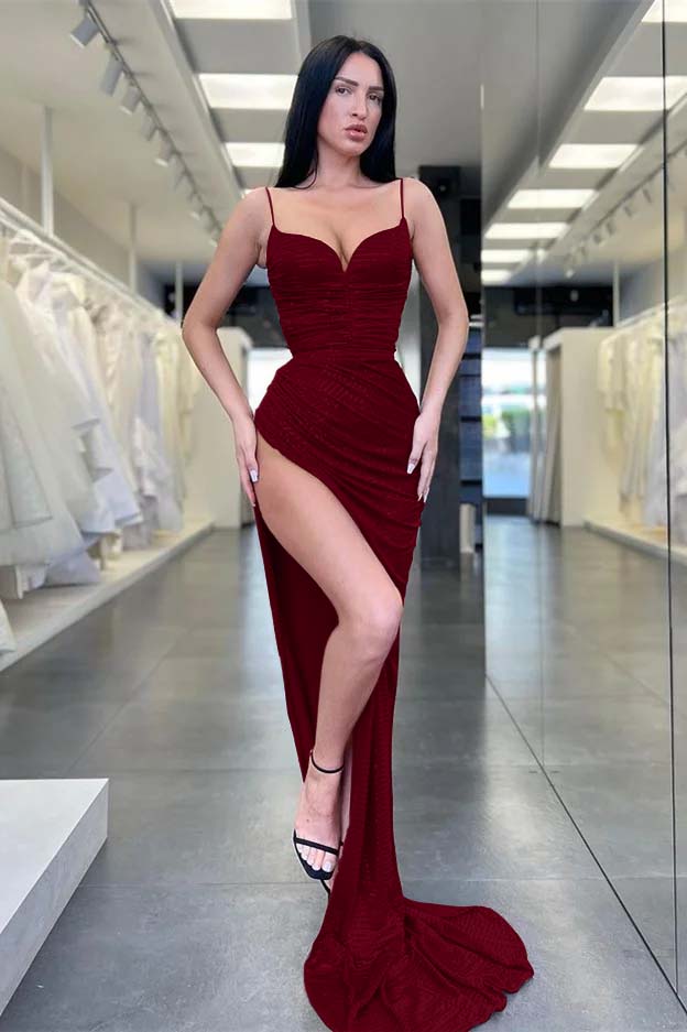 Hidais Burgundy Spaghetti Strap Sequins Sleeveless Mermaid Prom Dress With Split
