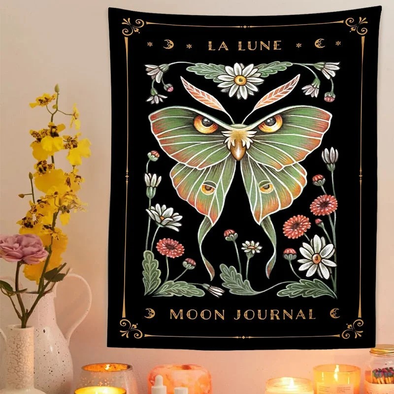 Sun Moon Moth Tapestry Wall Hanging Moon Phase Wall Art Cottagecore Decor Mystical Moth Witch Dorm Room Wall Decor Boho Decor