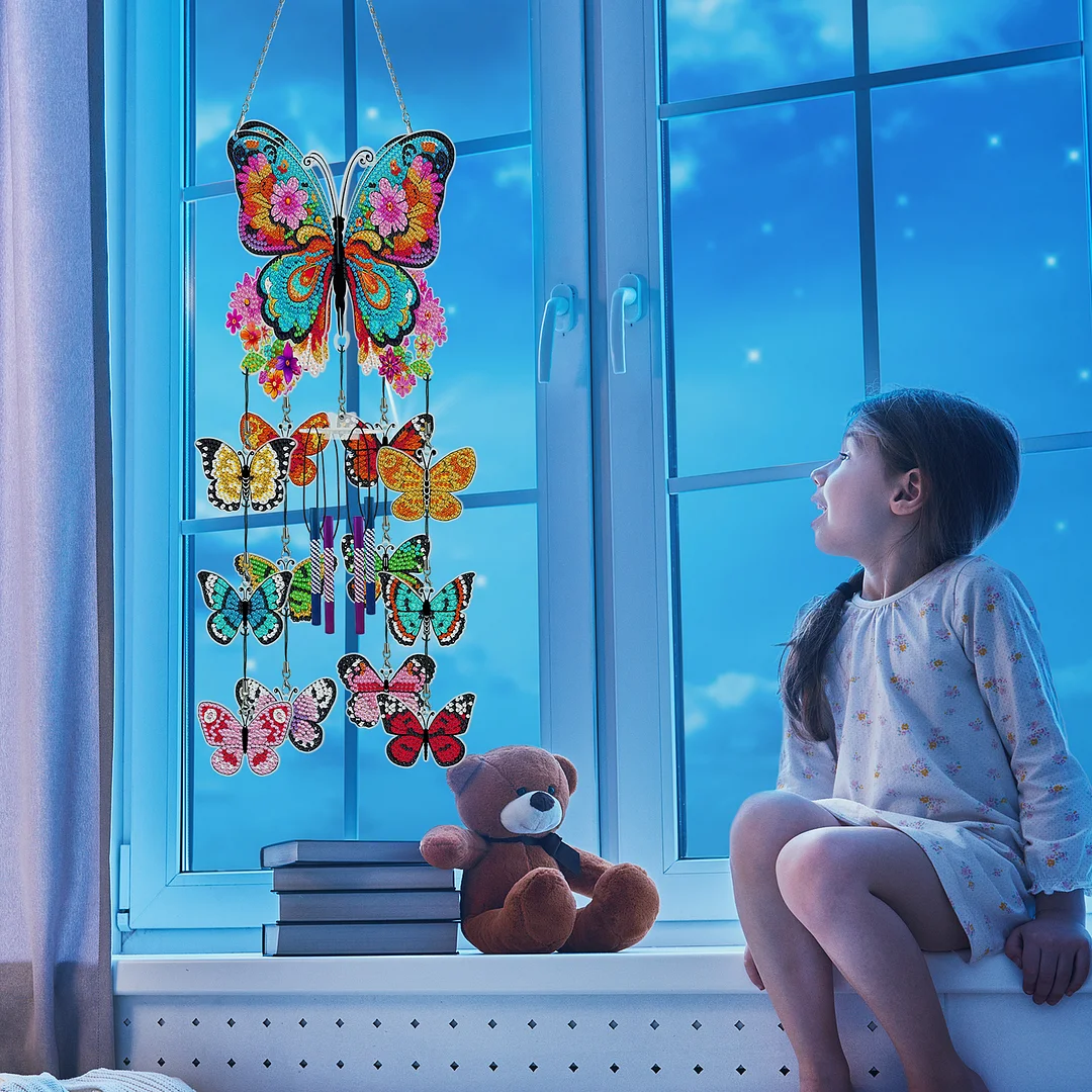 DIY  Flower Butterfly Double Side Wind Chime Diamond Art Hanging Pendant Home Decor