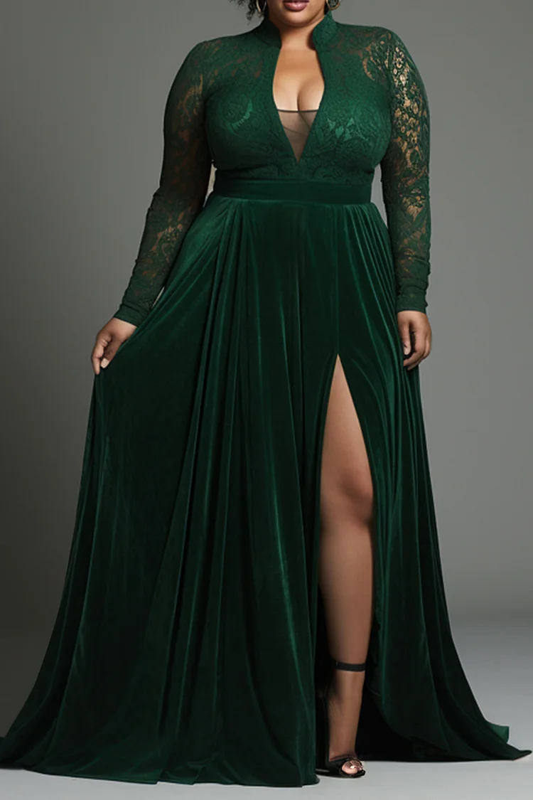 Xpluswear Design Plus Size Formal Emerald Green V Neck Long Sleeve Split See Through Lace Velvet Maxi Dresses