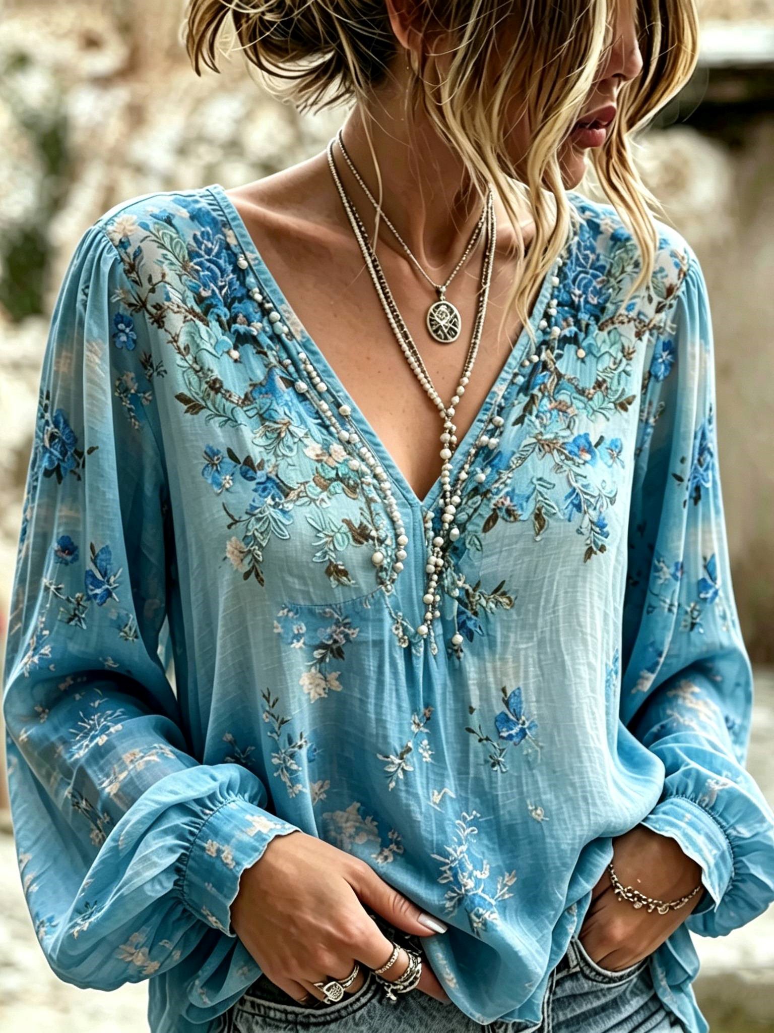 Comstylish Women's Floral Print V-neck Blue Long-sleeve Linen Blend T-shirt