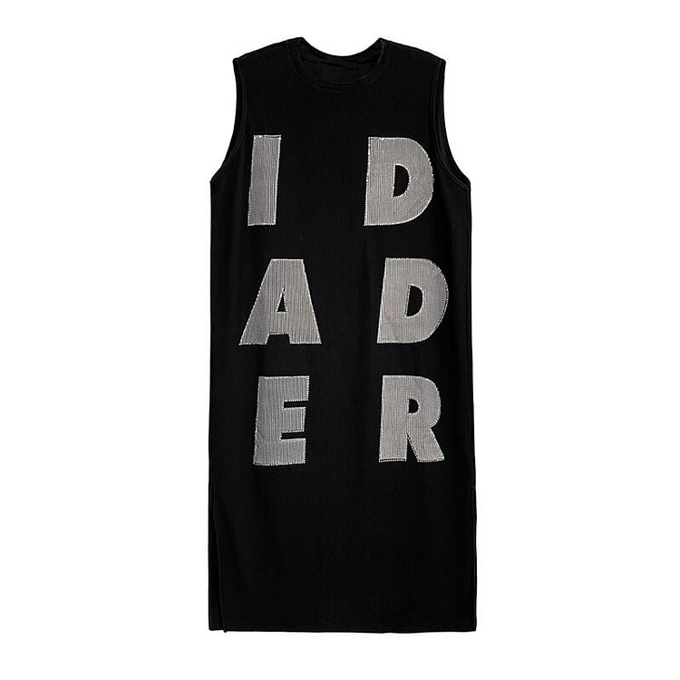 Casual Loose O-neck Alphabet Hot Drill Decor Split Hem Sleeveless Dress