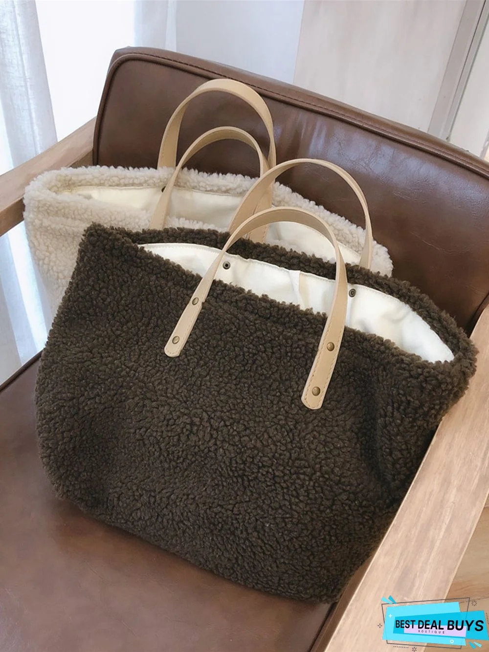 Pure Color Lambswool Large Capacity Handbag