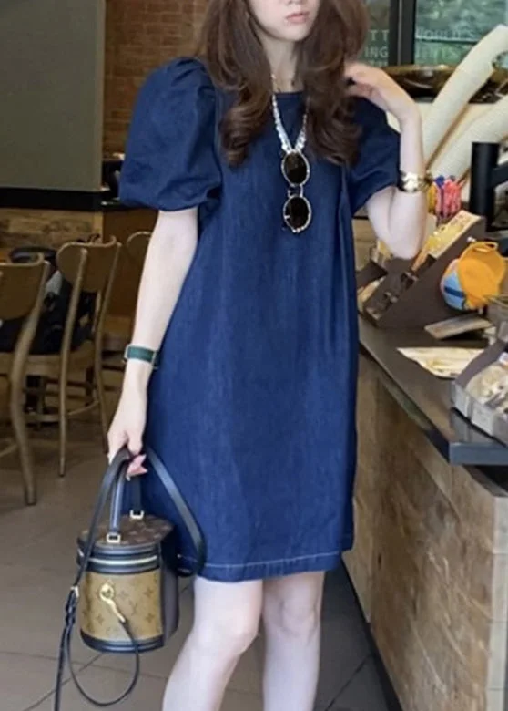 5.12Plus Size Blue O-Neck Patchwork Cozy Mid Denim Dresses Short Sleeve