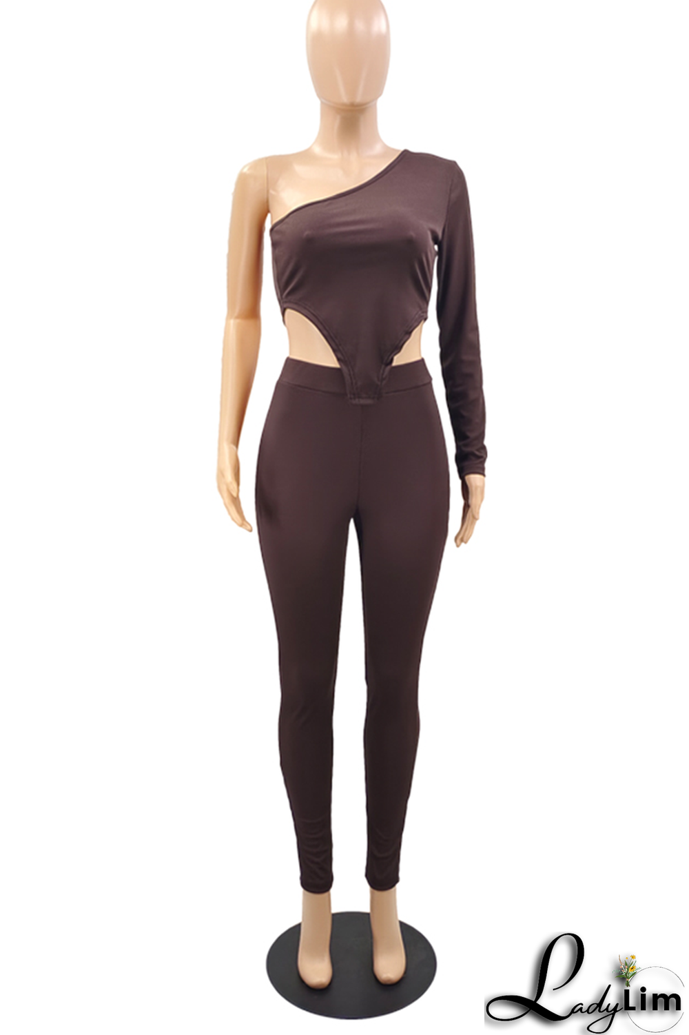 Black Sexy Solid Split Joint One Shoulder Three Quarter Two Pieces