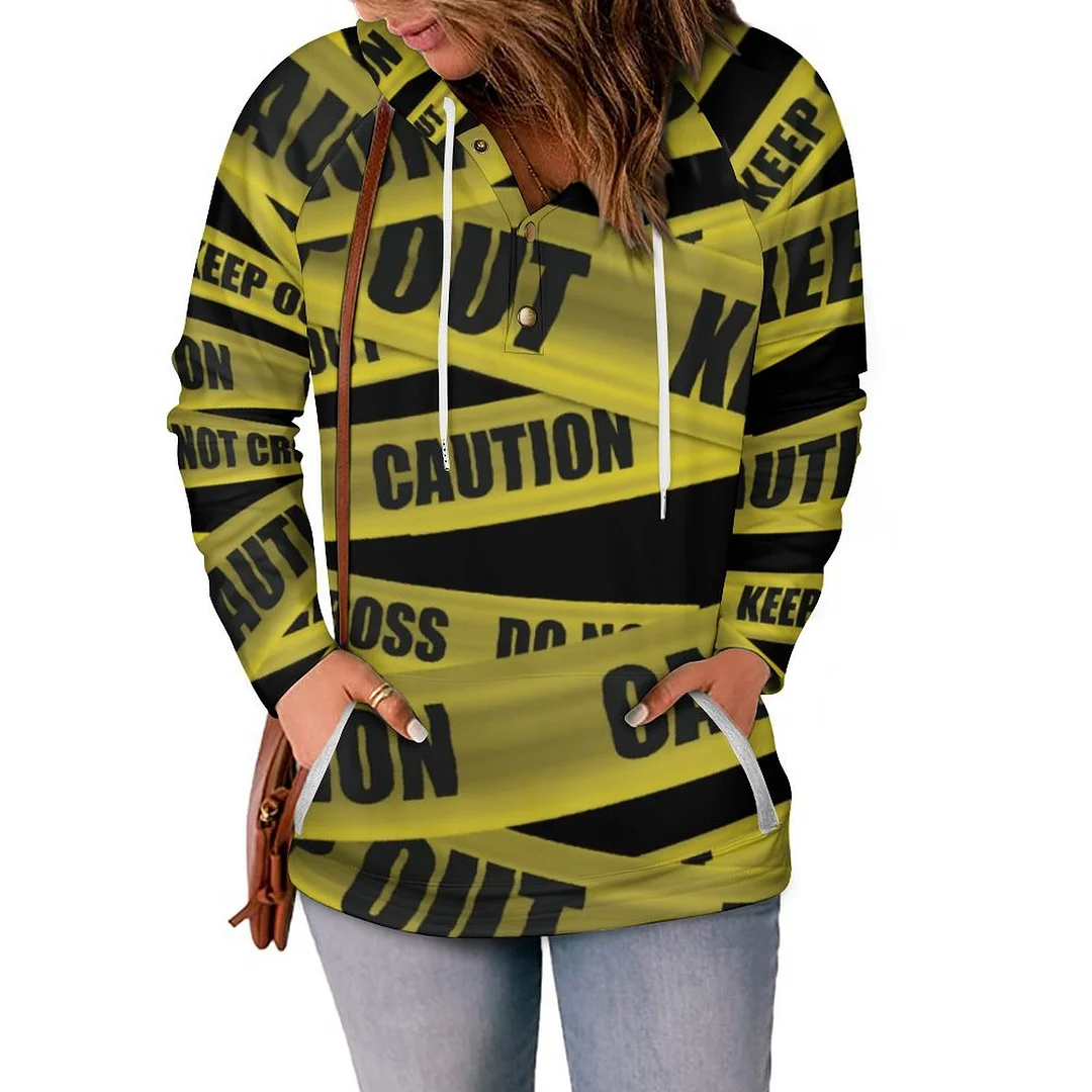 SFNEEWHO Fall Caution Tape Print Hoodie Sweater Women Loose Raglan