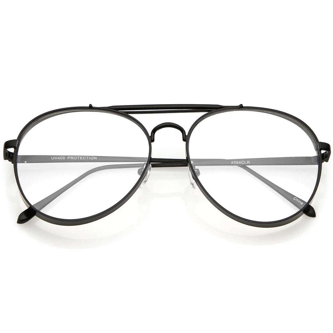 Oversize Metal Aviator Eyeglasses With Triple Crossbar Side Cover Clear Flat Lens 60mm