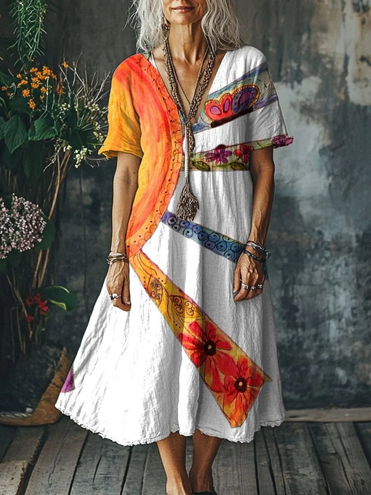 Women's Vintage  Art Print Pocket Cotton Dress