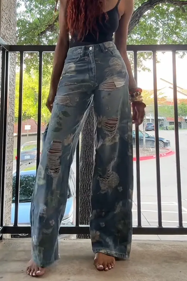 Women Printed Ripped Water Washed Casual Wide Leg Jeans