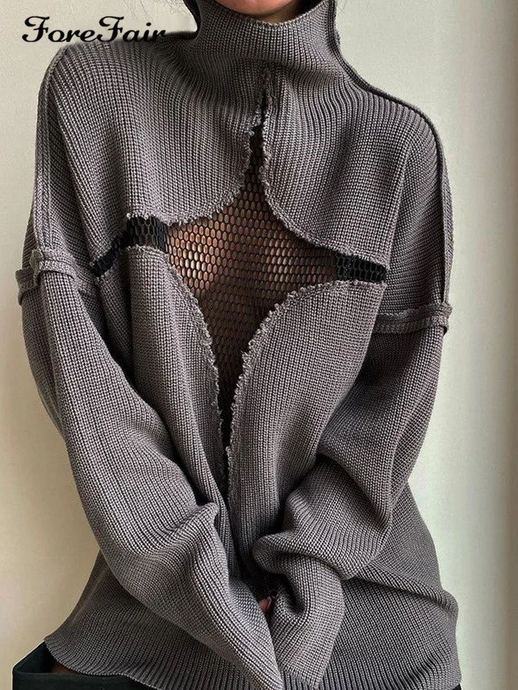 Brownm Sexy Mesh Vacation Loose Knitted Pullover Sweaters