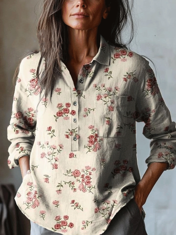 Women's Vintage Lovely Floral Art Print Casual Cotton And Linen Shirt