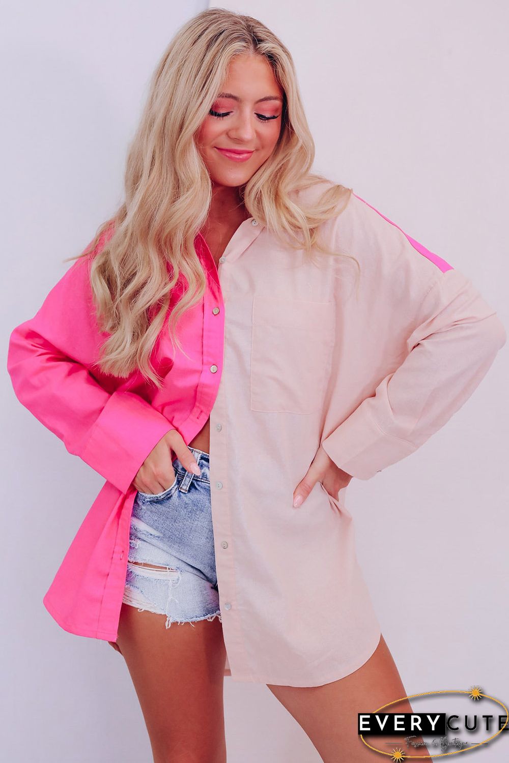 Pink Color Block Patchwork Oversized Shirt