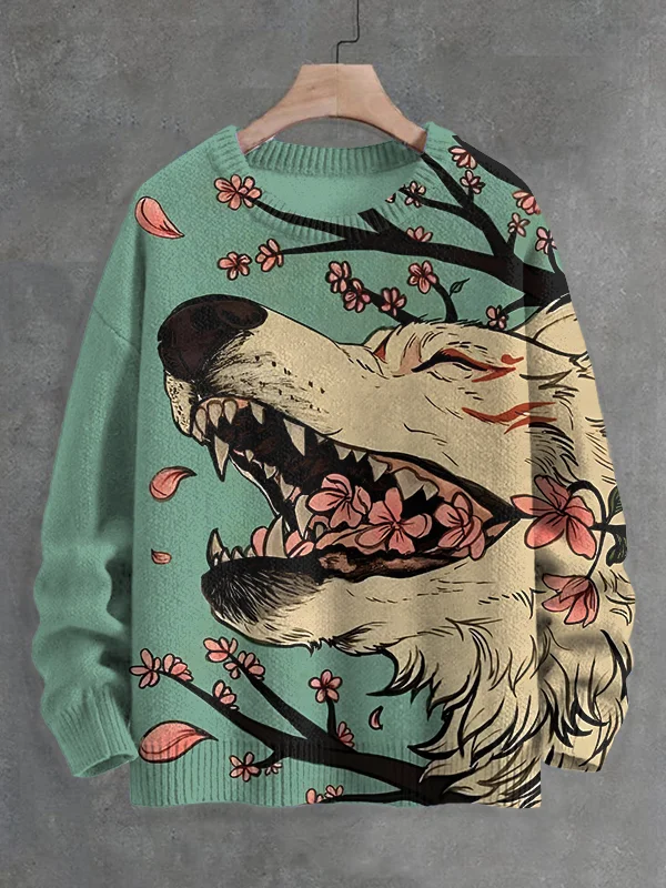 Men's Fox Demon Cherry Blossom Art Print Knit Sweatshirt