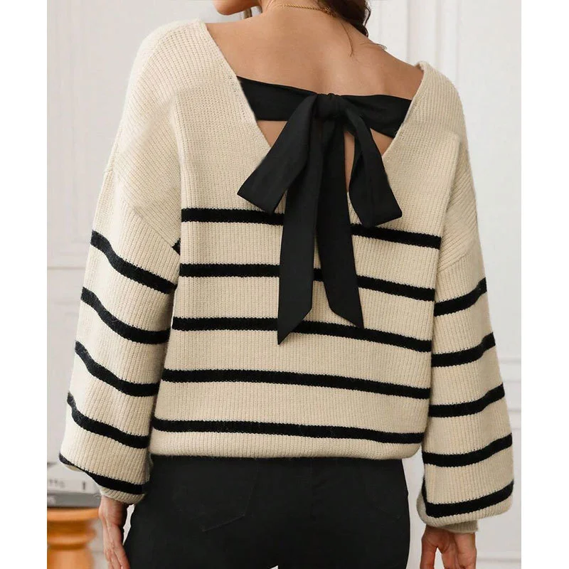 Athvotar Athvotar And Winter New Striped Hit-Colored Sweater Women Loose Bow Tie With Knitted Jacket