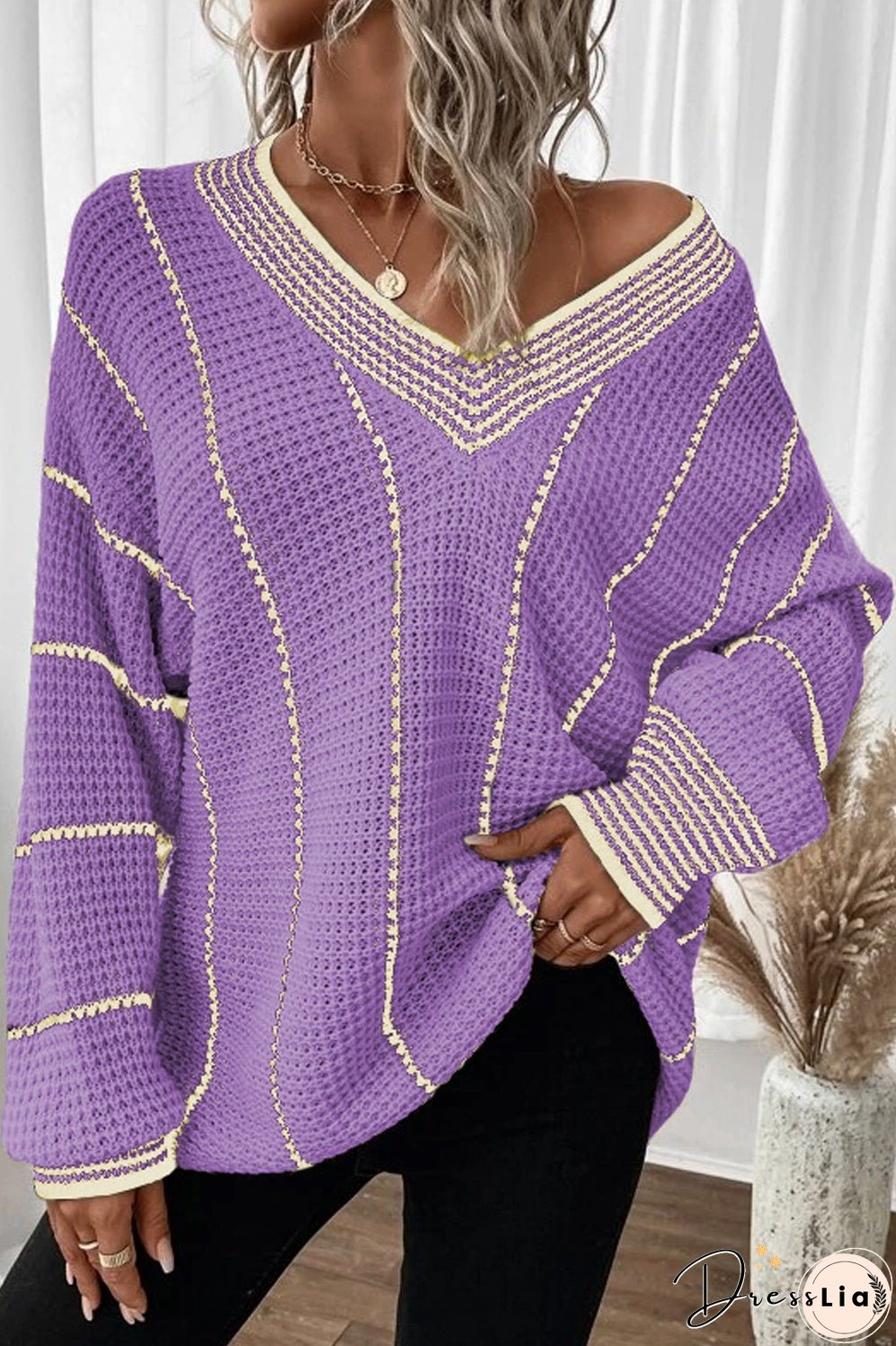Striped V-Neck Dropped Shoulder Sweater