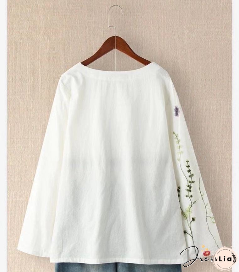 New Autumn Shirts Women's Loose Cotton Hemp Pullover Embroidered Round Neck Top Large Pullover White Shirt