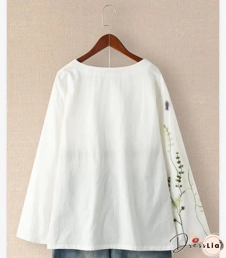 New Autumn Shirts Women's Loose Cotton Hemp Pullover Embroidered Round Neck Top Large Pullover White Shirt