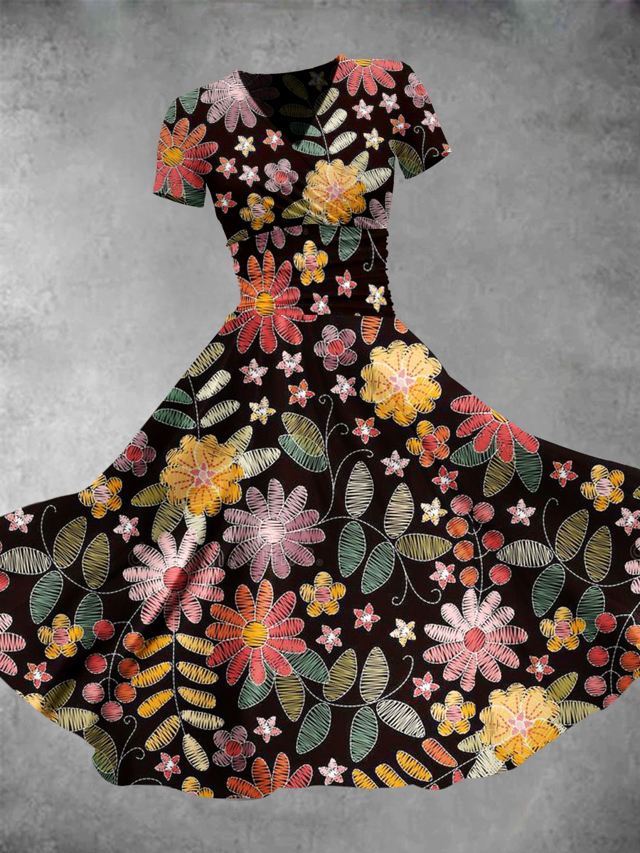 Women's Vintage Stamens Print Maxi Dress