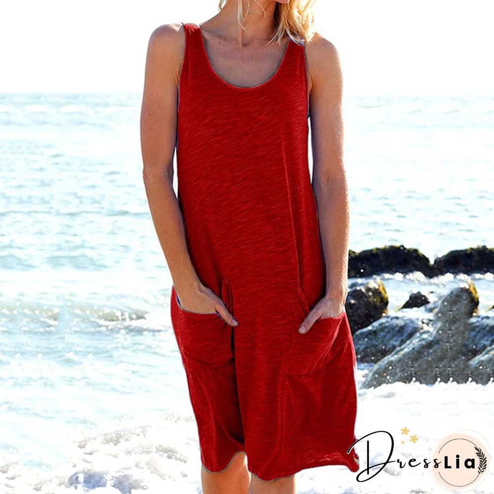 XS -8XL Summer Dresses Plus Size Fashion Clothes Women's Casual Sleeveless Dresses with Pockets O-neck Midi Dress Ladies Solid Color Off Shoulder Dress Party Wear Beach Dress Loose T-shirt Dress Cotton Dress