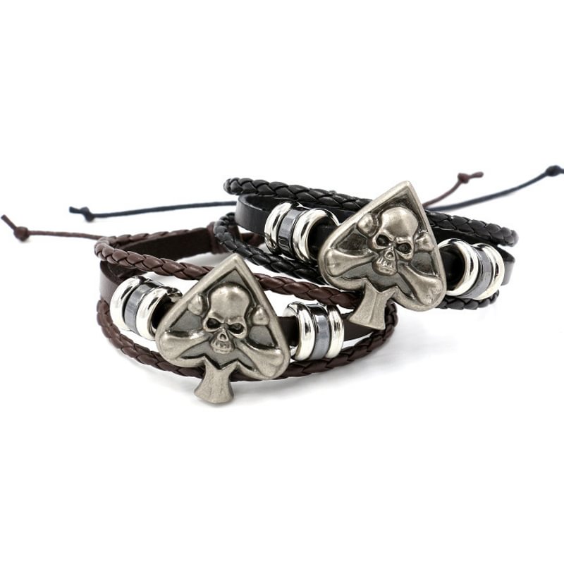 Vintage Heart Skull Punk Leather Braided Bracelet