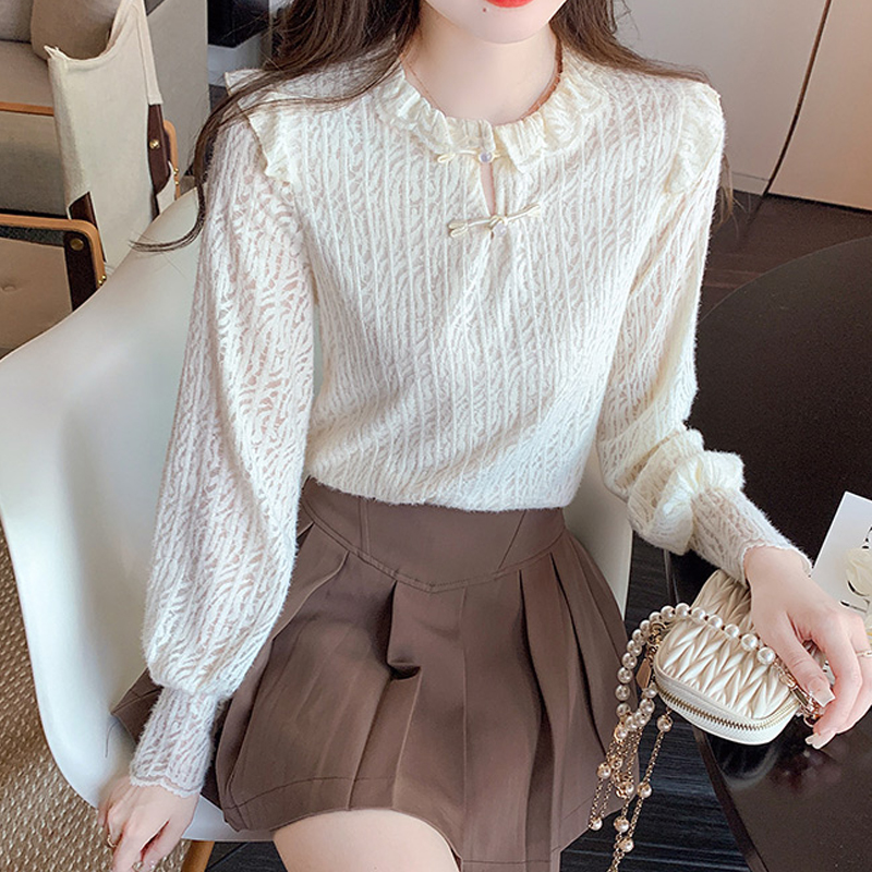 Spring Sweet Ruffled Collar Long Sleeve Women Blouse Casual Solid Spliced Lantern Sleeve Women Blouses Lady Tops 1222