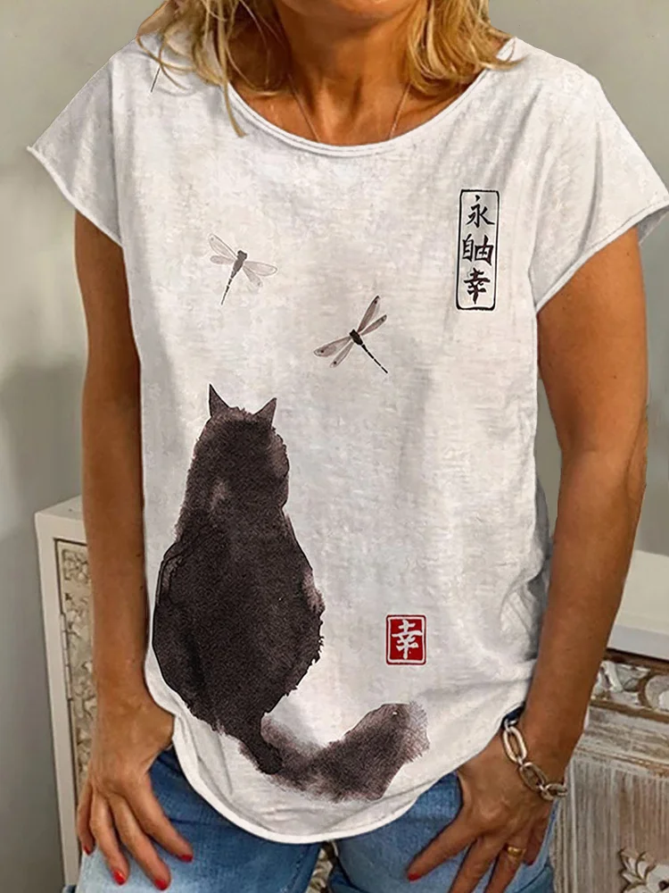 Cat Ink Painting Art Print Casual Short Sleeve T-Shirt