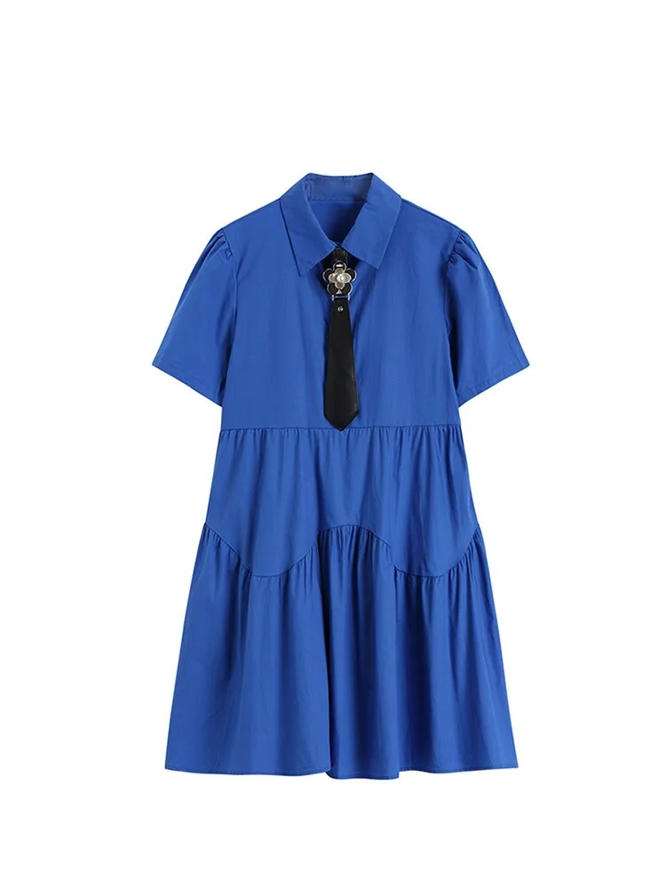 Women A-line Blue Dress Elegant Short Sleeve Turn-down Collar High Waist Preppy Style Frocks Party Clubwear Kawaii Shirt Dresses