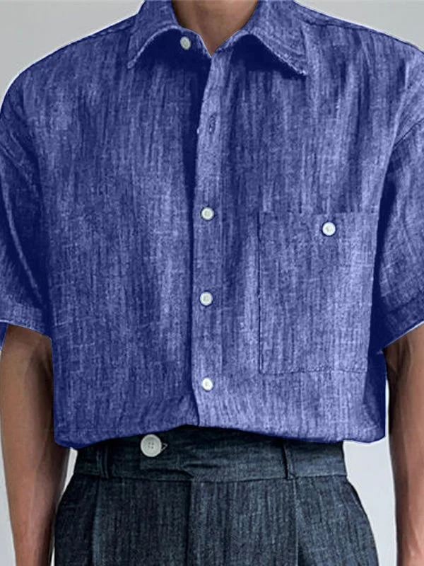 Aonga - Mens Denim Short Sleeve Lapel Collar Shirt