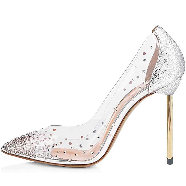Women's Trendy PVC Splicing Pointed Toe Rhinestone Pumps Heels Nicepairs