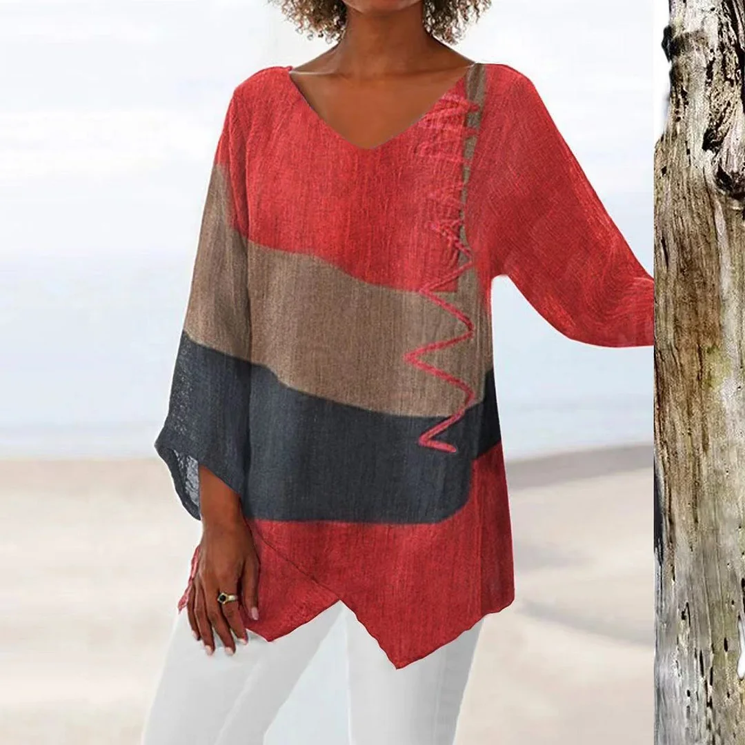 Uveng Uveng Women's New Casual Fashion Casing Loose Long-Sleeved V-Neck Digital Printed T-Shirt Top Woman