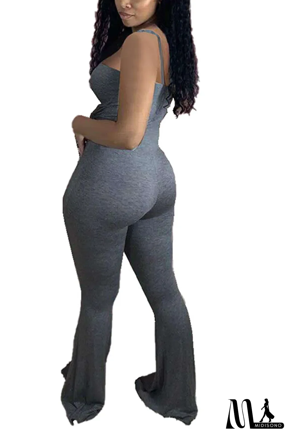 MidiSono - Dark Gray Fashion Sexy Solid Cotton Sleeveless Slip Jumpsuits