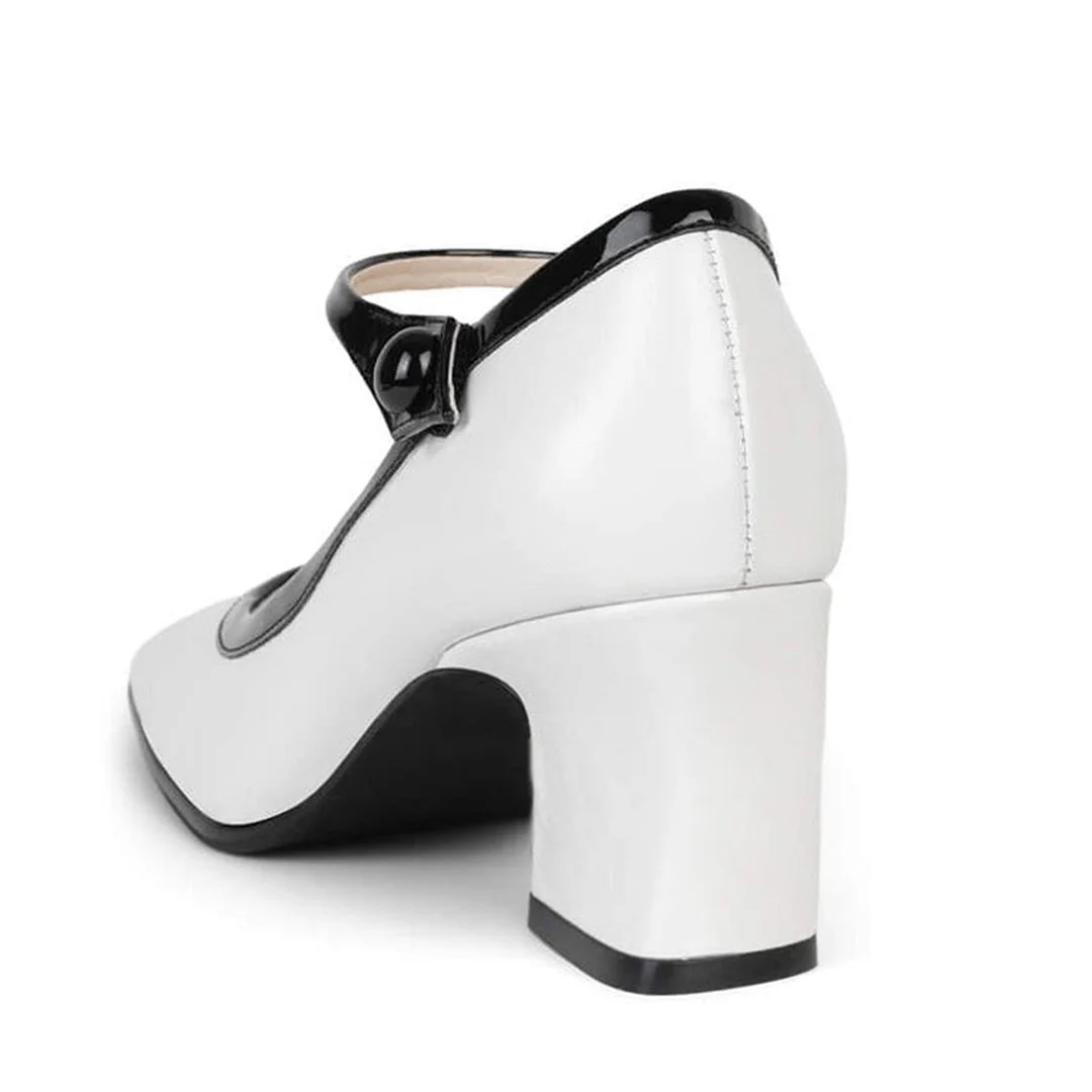YDN White Elegant Square Toe Chunky Heel Mary Jane Pumps