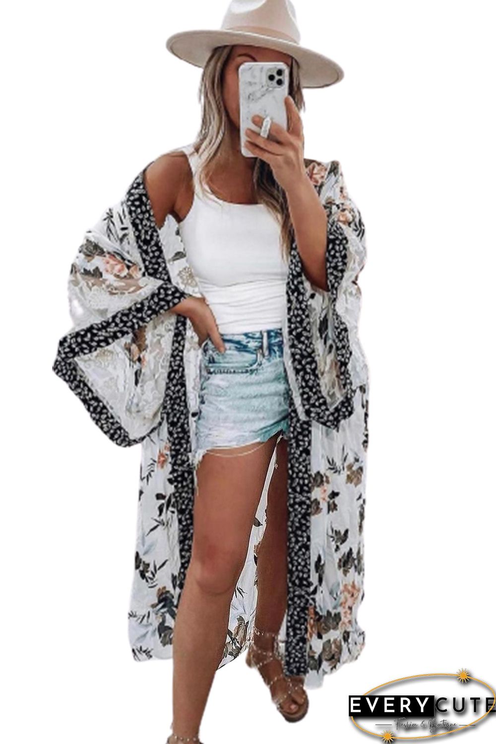 White Floral Print Lace Patchwork Batwing Sleeve Duster Kimono