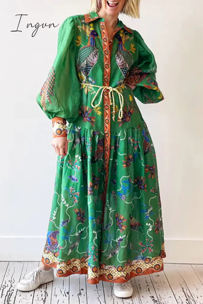 Ingvn - Bohemian College Animal Printing Turndown Collar Printed Dress Dresses Green / S