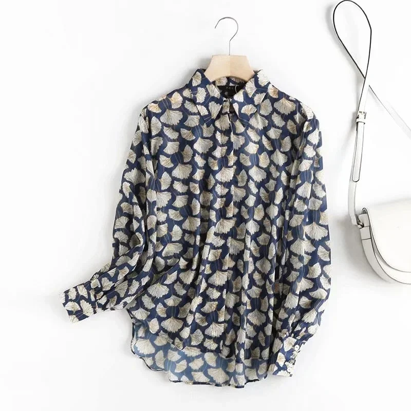 Christmas Gift Withered autumn blouse women england style fashion elegant Leaf printing loose silk loose blusas mujer de moda 2020 shirt tops