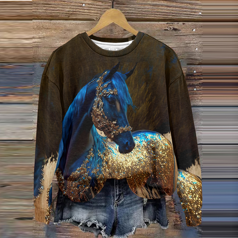wearshes Vintage Horse Sequin Art Print Casual Sweatshirt