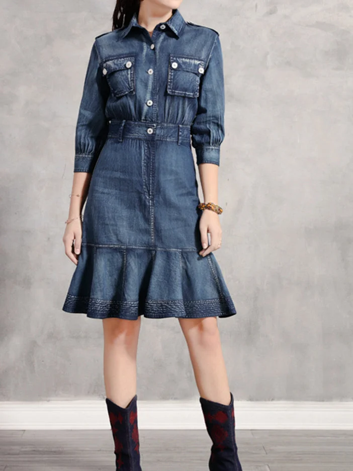 Women's Denim Half Sleeve V-neck Dress