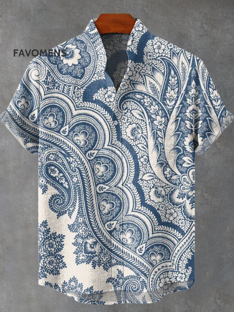 Retro Ethnic Blue Paisley Pattern Print Casual 100% Cotton Shirt / S